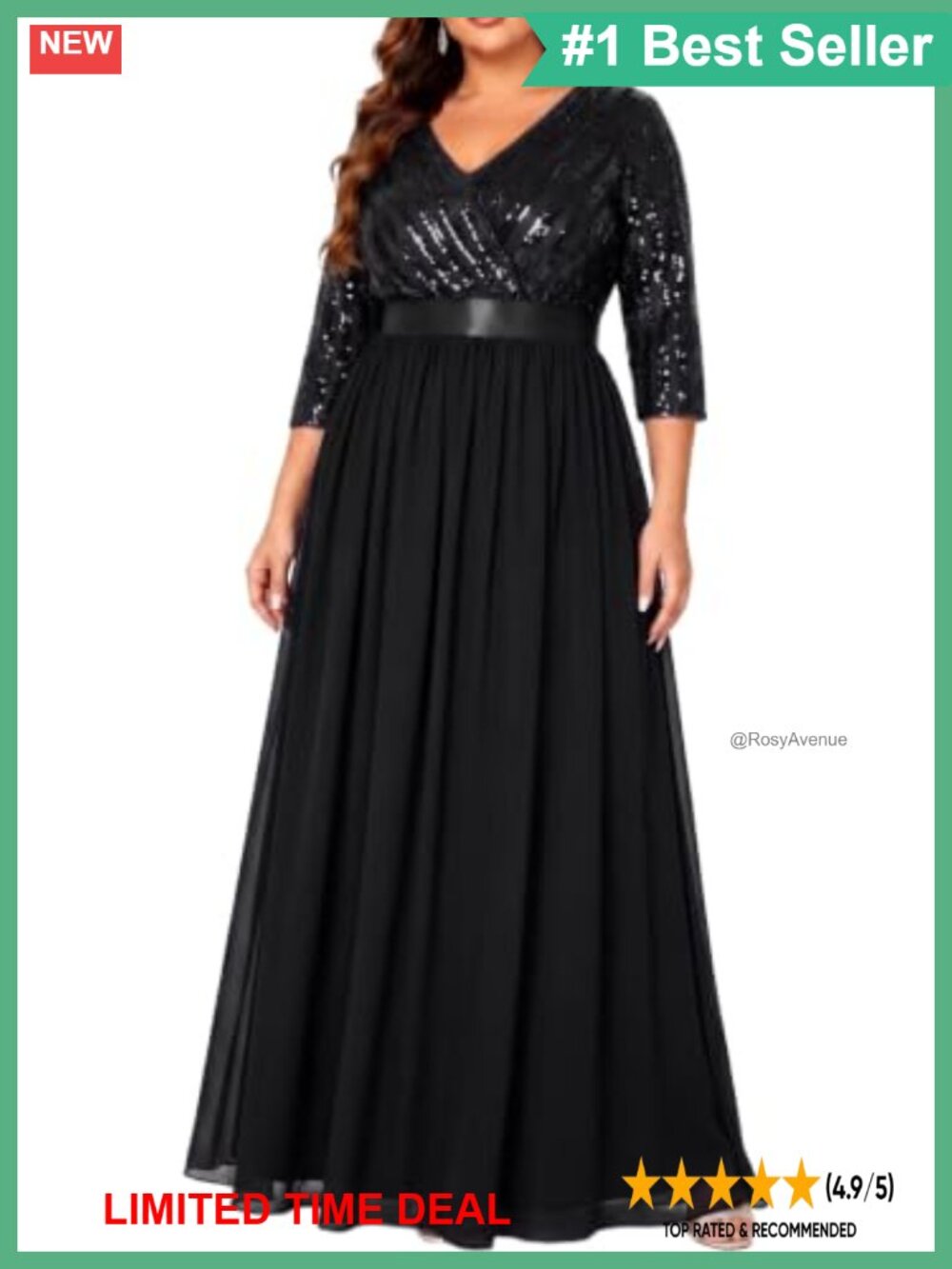 Plus Size Sequin Bodice Chiffon Maxi Formal Prom Evening Dress V-Neck 3/4 Sleeve